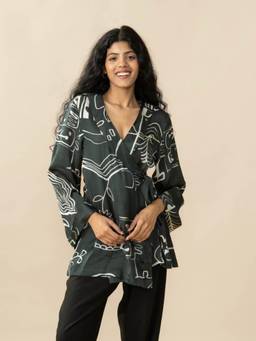 Freedom Tree - Women Nu Primitive Neut Print Modal Satin Wrap Top