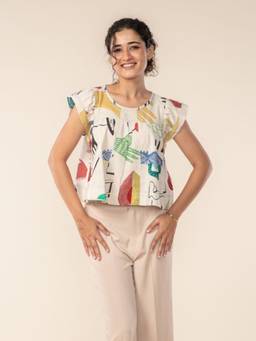 Freedom Tree - Women Face To Face Muted Narrative Print Cotton Satin Top