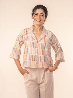 Freedom Tree - Women Geo Blocks Sand Lines Print Cotton Shirt