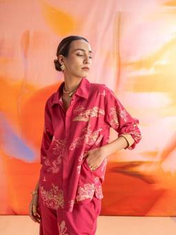 Freedom Tree - Women Sangria Floral Print Cotton Satin Shirt