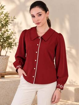 WineRed - Women Maroon Cuff Embroidered Shirt