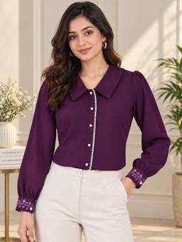 WineRed - Women Purple Cuff Embroidered Shirt