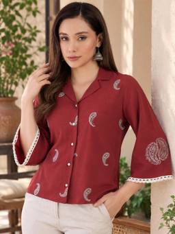 WineRed - Women Maroon Embroidered Shirt