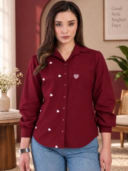 WineRed - Women Maroon Heart Embroidered Casual Shirt