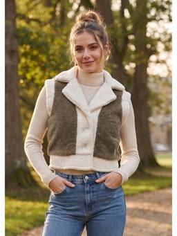 JAKANARY - Spread Collar Multi-Color Contrast Faux Fur Jacket