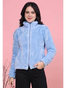 JAKANARY - Women Blue Lightweight Stand Collar Faux Fur Trim Tailored Jack