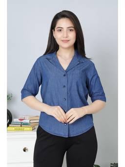 MLADA - Women Solid Cotton Denim Lapel Collar Shirt