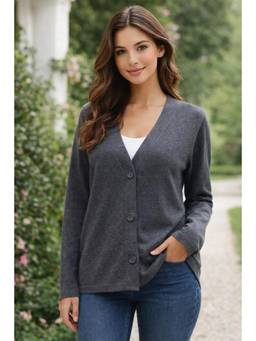 NOBARR - Women's Dark Grey Loose Fit V-Neck Button Front Cardigan