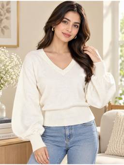 NOBARR - Women's White V-Neck Sweater