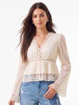 Outzidr - Cream Plunge Neck Peplum Top