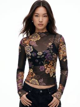 Outzidr - Black High Neck Printed Mesh Sheer Top