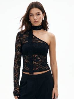 Outzidr - Black One Shoulder Lace Top