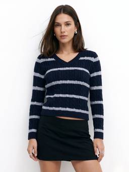 Outzidr - Navy Blue V Neck Fitted Striped Top