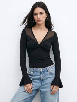 Outzidr - Black Plunge Sheer Neck Fitted Top