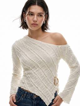 Outzidr - Off White Off-Shoulder Textured Top