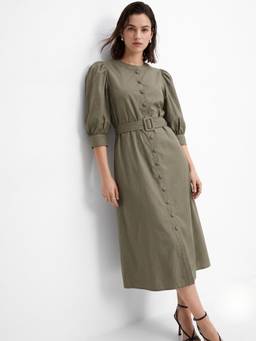 Outzidr - Olive Button Down Dress With Belt