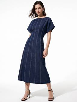 Outzidr - Navy Blue Boat Neck Dress