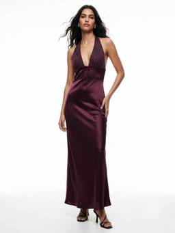 Outzidr - Burgundy Polka Dotted Halter Neck Dress