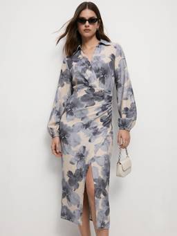 Outzidr - Multi-Color Floral Printed Collared Shirt Dress
