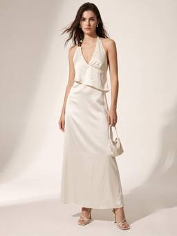 Outzidr - Off White Satin Ruffled Dress