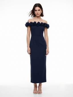 Outzidr - Navy Blue Off-Shoulder Bodycon Dress