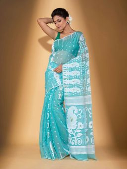 Beatitude - Blue Cotton Silk Jacquard Jamdani Saree with Unstitched Blouse