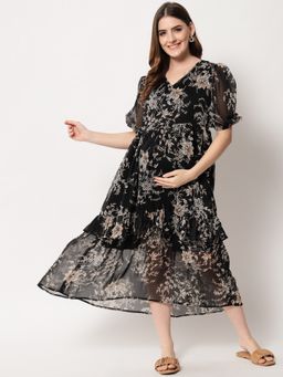 Angloindu - Black Floral Midi Maternity Dress