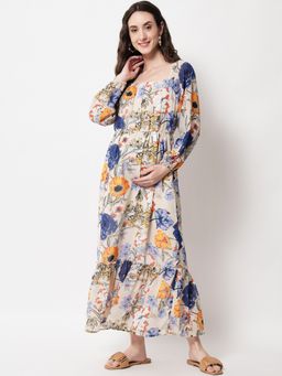 Angloindu - Beige Floral Maxi Maternity Dress
