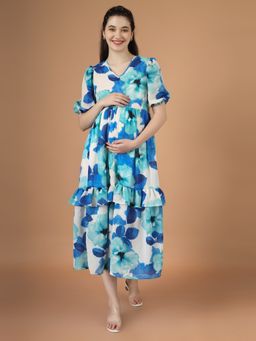 Angloindu - Blue Floral Midi Maternity Dress