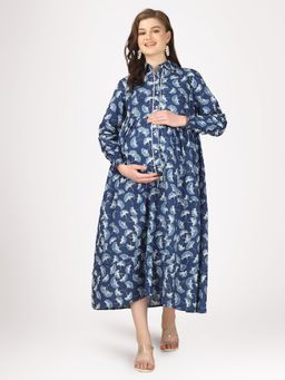 Angloindu - Blue Floral Printed Midi Maternity Dress