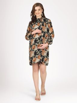Angloindu - Black Floral Knee Length Maternity Dress