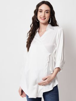 Angloindu - White Solid Wrap Maternity Top