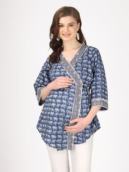 Angloindu - Blue Ethnic Print Wrap Maternity Top