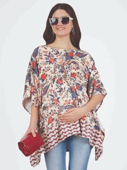 Angloindu - Beige Floral Printed Maternity Kaftan Top