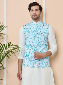 See Designs - Blue Geometric Slim Fit Nehru Jacket