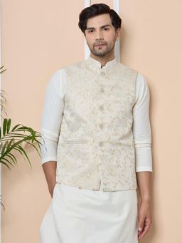 See Designs - Beige Woven Jacquard Nehru Jacket