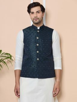 See Designs - Navy Blue Woven Jacquard Nehru Jacket