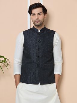 See Designs - Black Woven Jacquard Nehru Jacket