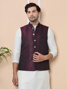 See Designs - Maroon Woven Jacquard Nehru Jacket