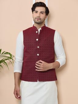 See Designs - Red Woven Jacquard Nehru Jacket