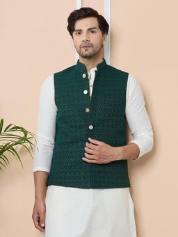 See Designs - Green Woven Jacquard Nehru Jacket