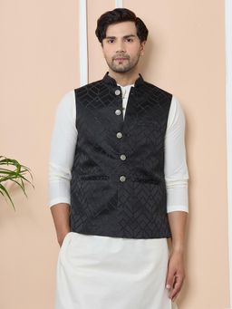 See Designs - Black Embellished Jacquard Nehru Jacket