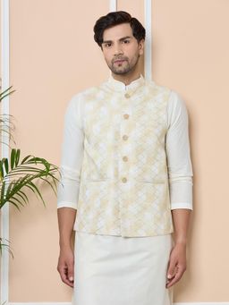 See Designs - Yellow Embroidered Nehru Jacket with Gota Work