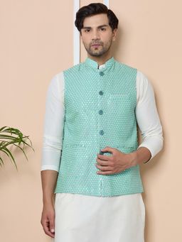 See Designs - Green Sequin Embroidered Nehru Jacket