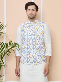 See Designs - Grey Geometric Slim Fit Cotton Nehru Jacket
