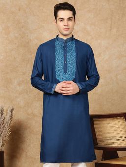 Sanwara - Men's Blue Festive Cotton Embroidered Kurta