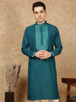 Sanwara - Men's Teal Festive Cotton Embroidered Kurta