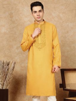 Sanwara - Men's Mustard Festive Cotton Embroidered Kurta