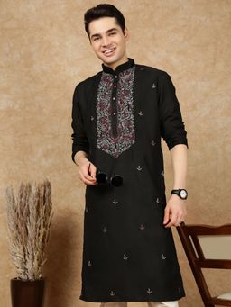 Sanwara - Men's Black Festive Cotton Embroidered Kurta