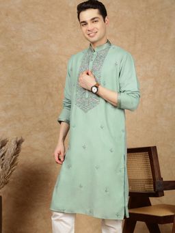 Sanwara - Men's Green Festive Cotton Embroidered Kurta